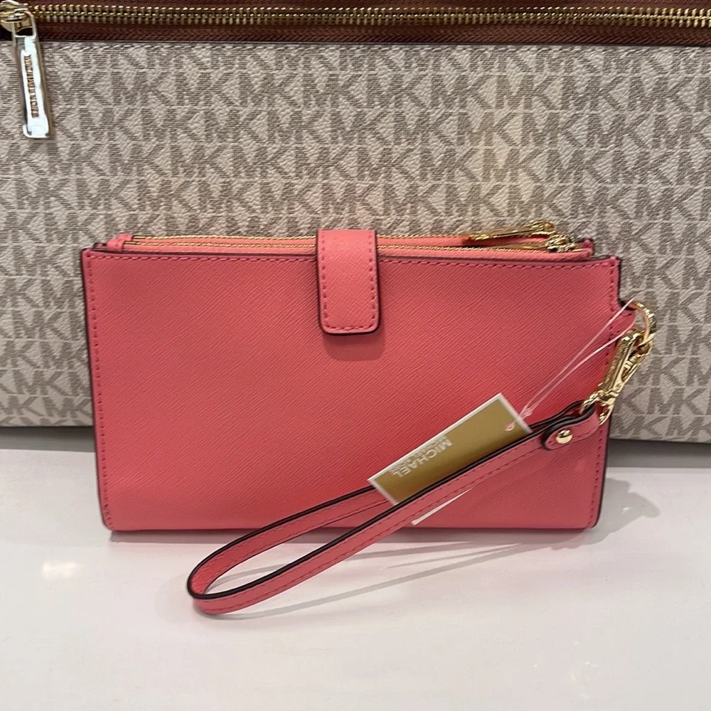 MICHAEL KORS LARGE DOUBLE ZIP WRISTLET WALLET PHONE CASE CLUTCH Tea Rose NWT